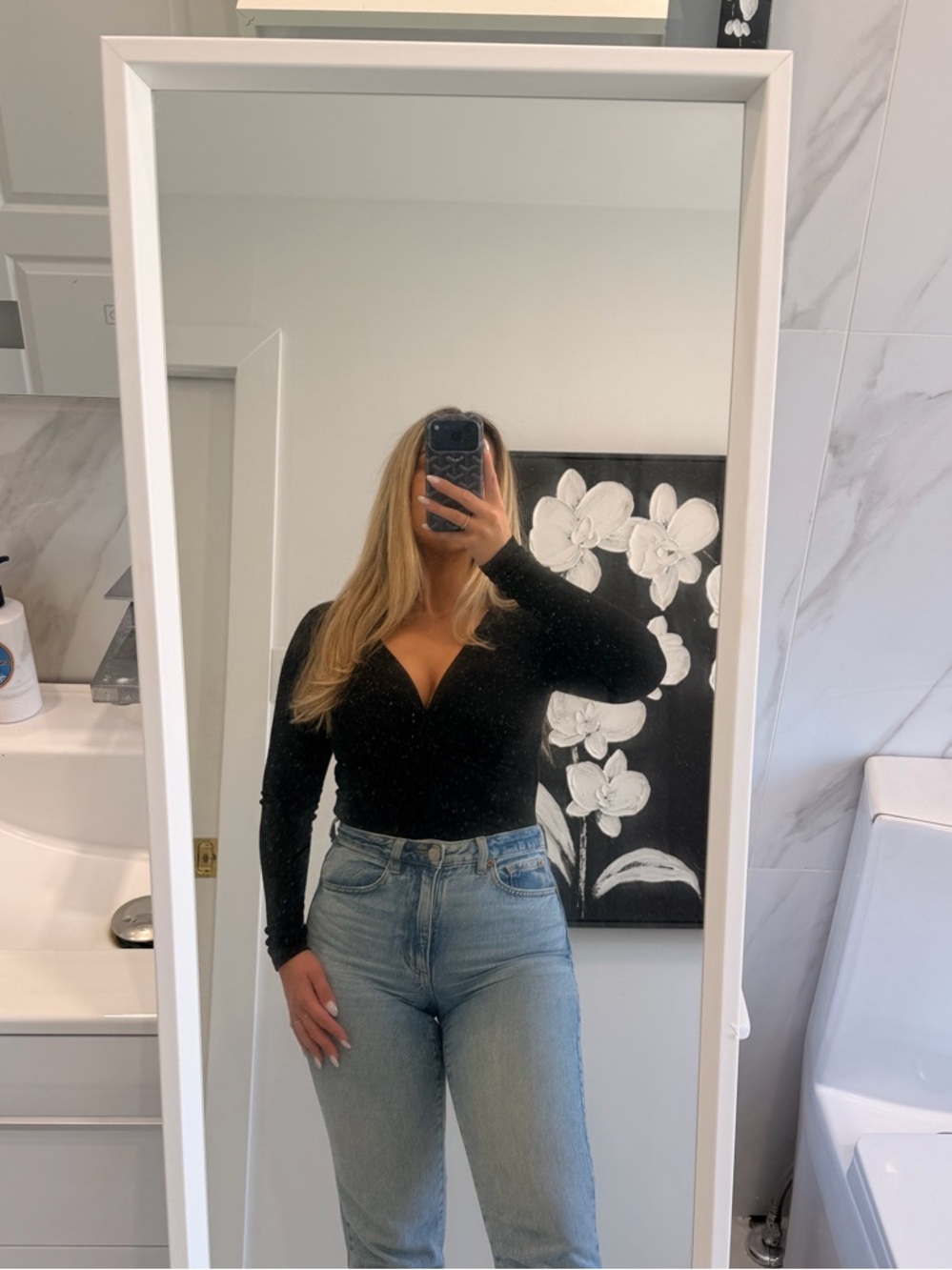 Forever 21 Black Long-Sleeve V-Neck Bodysuit